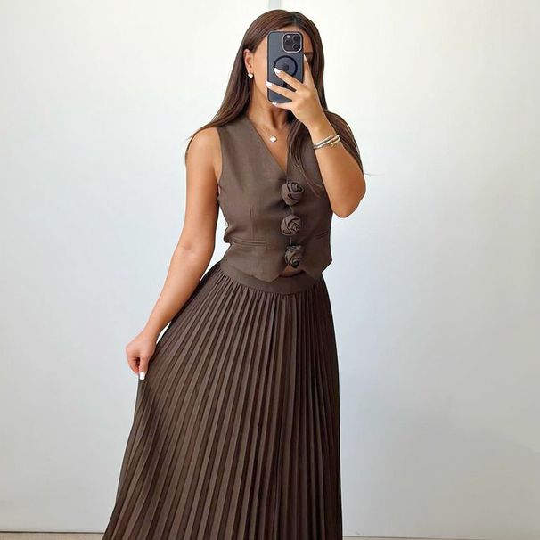 Sleeveless Vest Heavyweight Half-length Pleated Long-sleeved Women's High-end Two-piece Suit_ecoleips.com