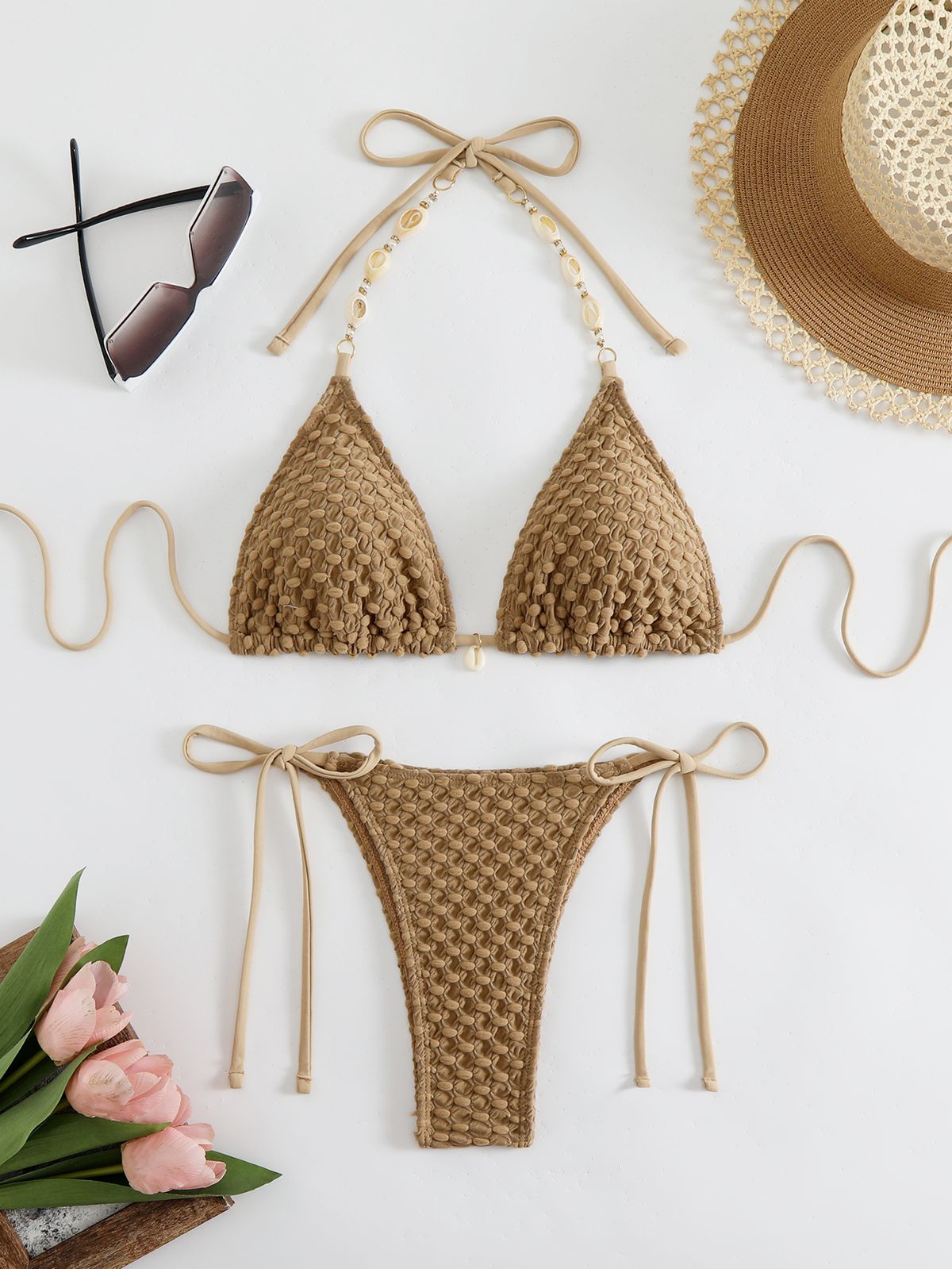 Women's Clothing solid color new split swimsuit bikini high end backless deep V pure desire style strap design three point style_ecoleips.com