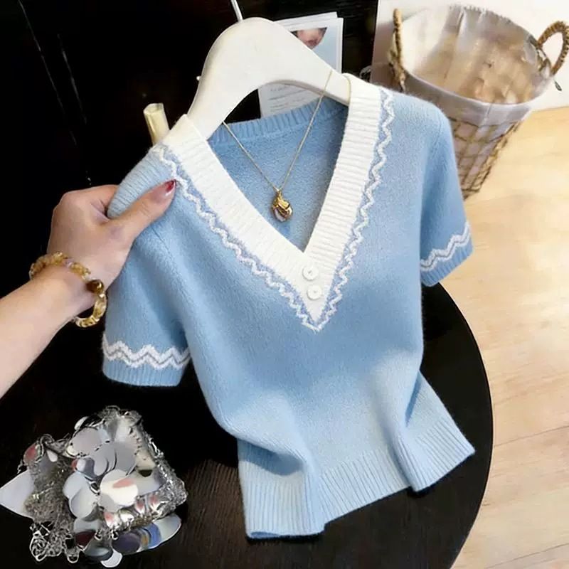 Fashionable Short Sleeve Knit Top For Women - Stylish Color Block Design, Breathable Lyocell Fabric, Casual & Office Wear (White, Blue, S-XL)_ecoleips.com