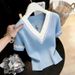 Fashionable Short Sleeve Knit Top For Women - Stylish Color Block Design, Breathable Lyocell Fabric, Casual & Office Wear (White, Blue, S-XL)_ecoleips.com