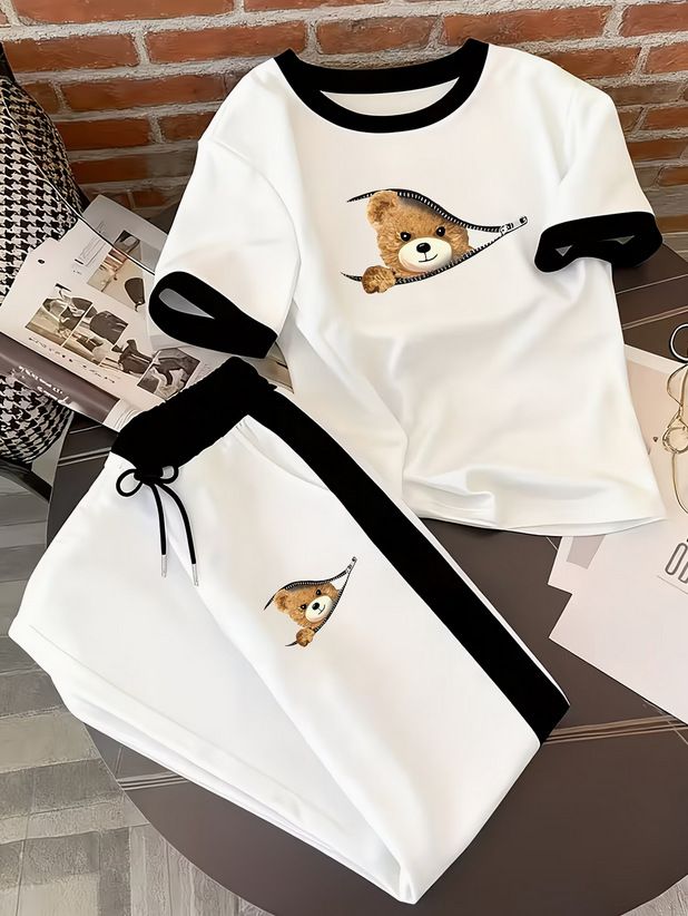 Summer Women's Fashion Zipper Bear Print Color Block Design Clothing Set New Style 8002_ecoleips.com