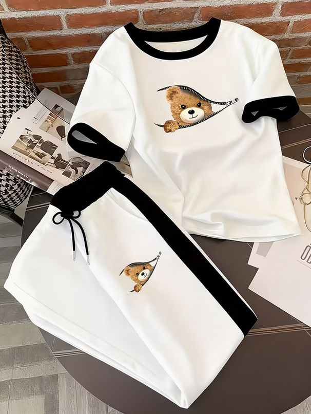 Summer Women's Fashion Zipper Bear Print Color Block Design Clothing Set New Style 8002_ecoleips.com