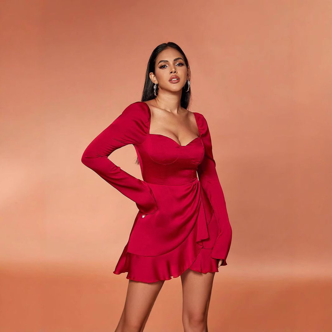 Elegant Long Sleeve Ruffle Dress for Women Sexy Figure Show European And American Style Summer Cross Border Fashion_ecoleips.com