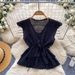 Women's French Romantic Style V Neck Tie Up Ruffle Top Sleeveless Lace Patchwork Slimming Elegant Korean Summer Shirt_ecoleips.com