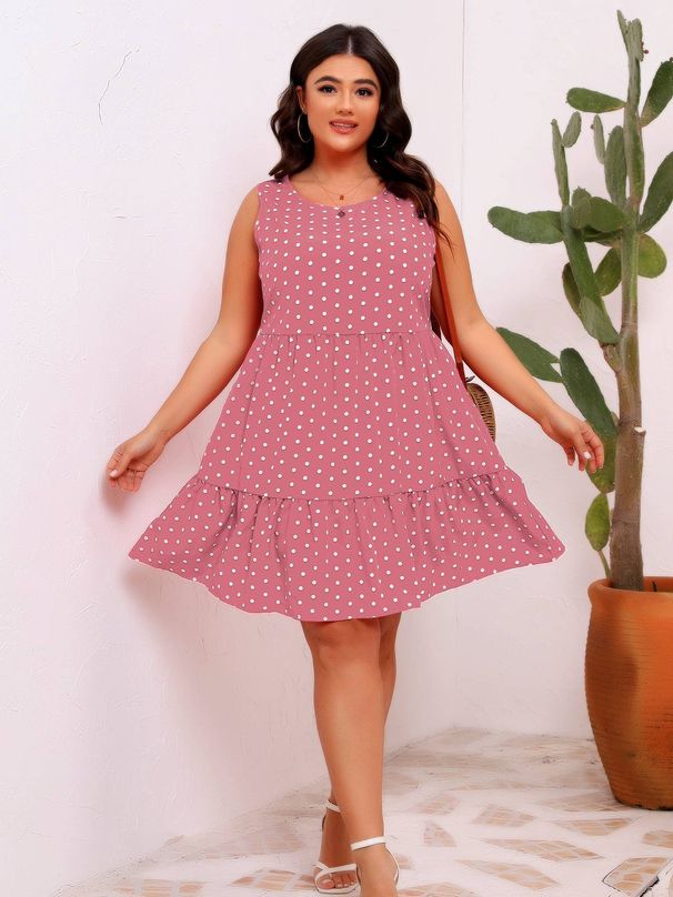 Women's Clothing Round Neck Sleeveless Polka Dot Loose Large Swing Ruffle Dress_ecoleips.com