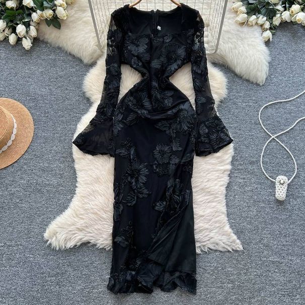 Luxury Socialite Mesh Dress – 3D Floral Embroidery & Side Slit, Waist-Cinching Elegance For Fall/Winter_ecoleips.com