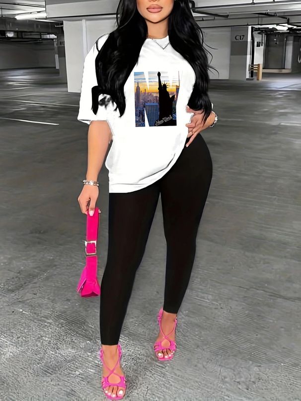 Women's Casual Loose Fashion New York NY Pattern Print Loose T-shirt+cropped Pants Two-piece Home Sportswear Daily Wear-422_ecoleips.com