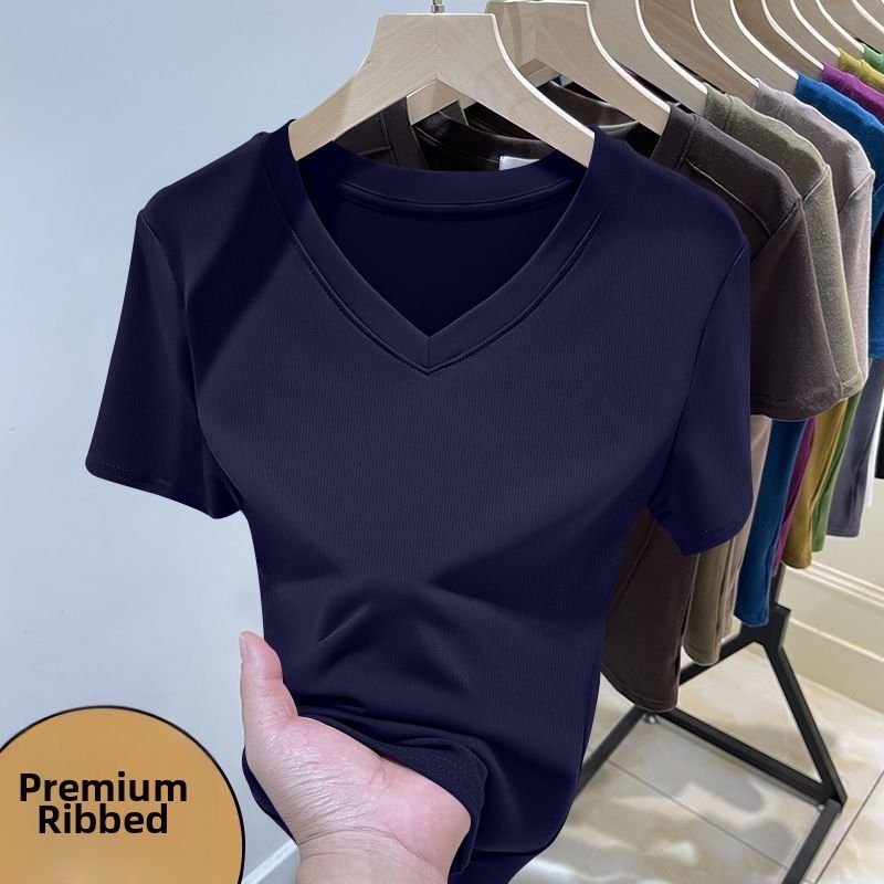 Women's Ribbed Shoulder Short Sleeved T Shirt V Neck Loose Fit Plus Size Summer New Fashion High End Top_ecoleips.com