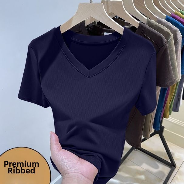 Women's Ribbed Shoulder Short Sleeved T Shirt V Neck Loose Fit Plus Size Summer New Fashion High End Top_ecoleips.com