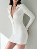 Women Soft Skin-Friendly Lightweight Breathable Rib Knit Dress Zip Collar Long Sleeve Loose Stretch Bodycon Mini Knit Dress_ecoleips.com