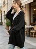 Black Deep V Multi Pocket Pit Rib Knit Tunic Sweater, Oversized Loose Lightweight Breathable Soft Skin-touch Long Sleeve Pullover_ecoleips.com