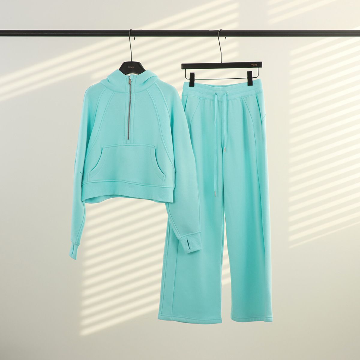 Women's Hooded Loose Sweatshirt Set Fleece Lined Yoga Suit Sports Cardigan Scuba Jacket Half Raise Design_ecoleips.com