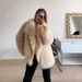 Women's Faux Fur Coat – Longline Fox-Inspired Jacket With Notched Lapel (Khaki, Mid-Length, Oversized Pockets)_ecoleips.com