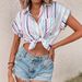 Women's Casual Striped Shirt Short Sleeve Breathable Polyester Spandex Blend Top for Summer Office Wear_ecoleips.com