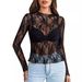 Women's Clothing Tops Long Sleeve Stand Up Collar Transparent Shirt See Through Floral Lace Tops Have Real Shot_ecoleips.com