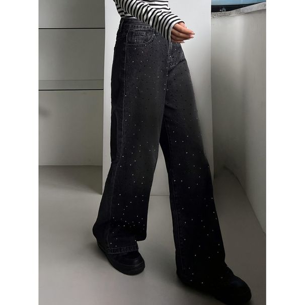 Women's High-Waisted Rhinestone Jeans Black Slimming Wide Leg Pants 25AW Style Washed Denim for Export Wholesale_ecoleips.com
