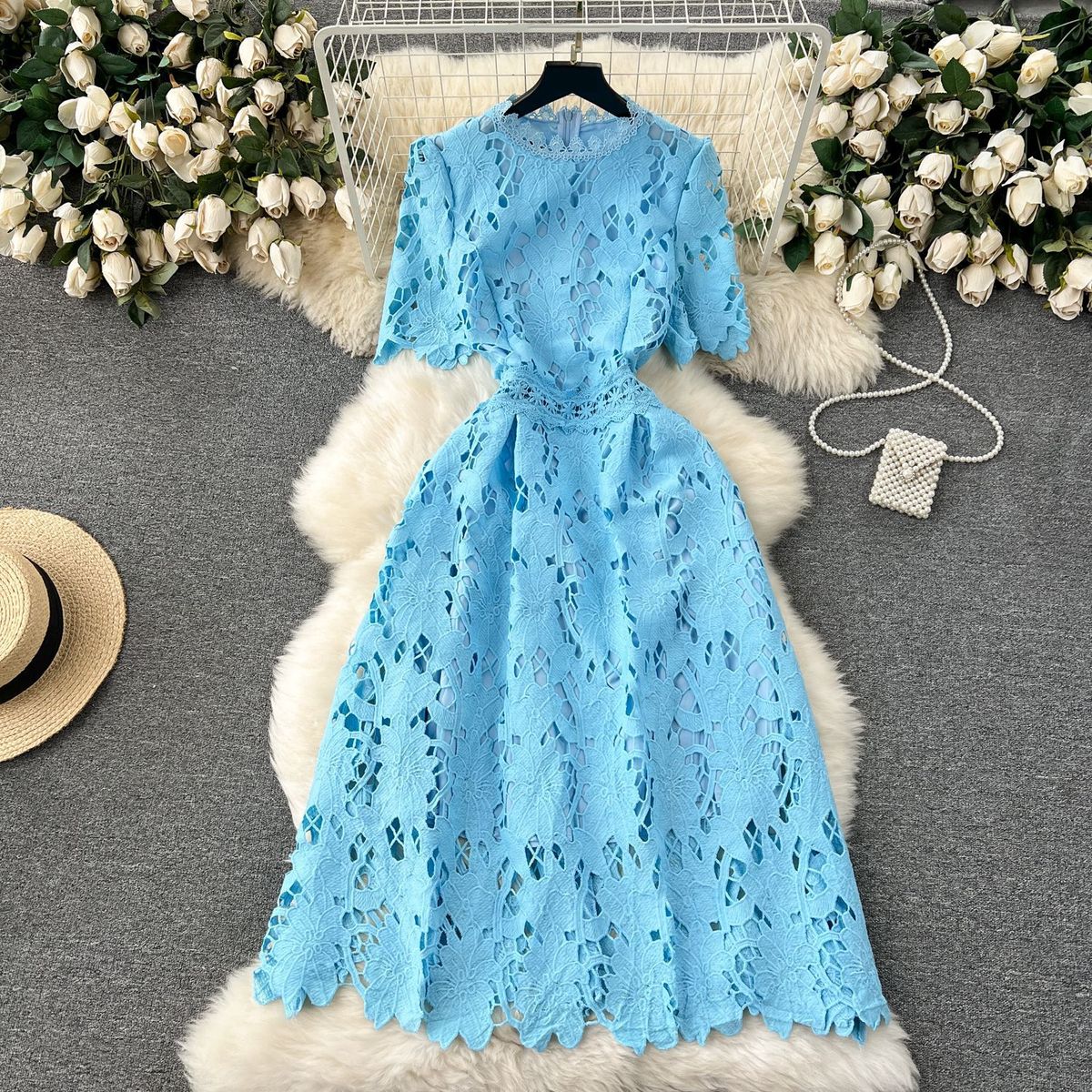 Women's Clothing Water Soluble Lace Hollow Quality Medium Length Holiday Dress_ecoleips.com