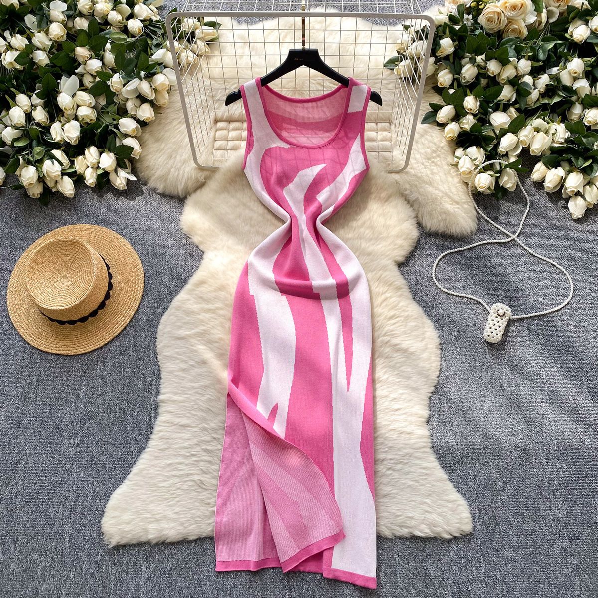 Women's Clothing Printed Sleeveless Knitted Dress For Women Summer New Slim Fit Split Temperament Long Skirt_ecoleips.com