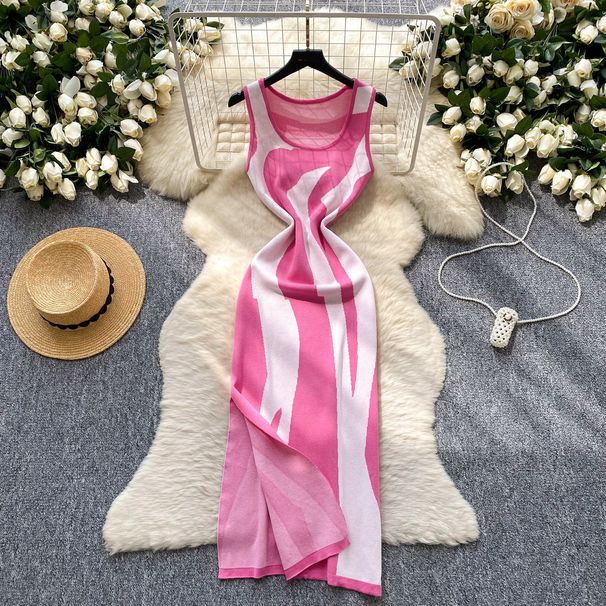 Women's Clothing Printed Sleeveless Knitted Dress For Women Summer New Slim Fit Split Temperament Long Skirt_ecoleips.com
