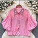Women's Clothing High Grade Puff Sleeve Shirt For Women In Summer Hollow Hook Flower Heavy Diamond Inlaid Loose Design Top_ecoleips.com