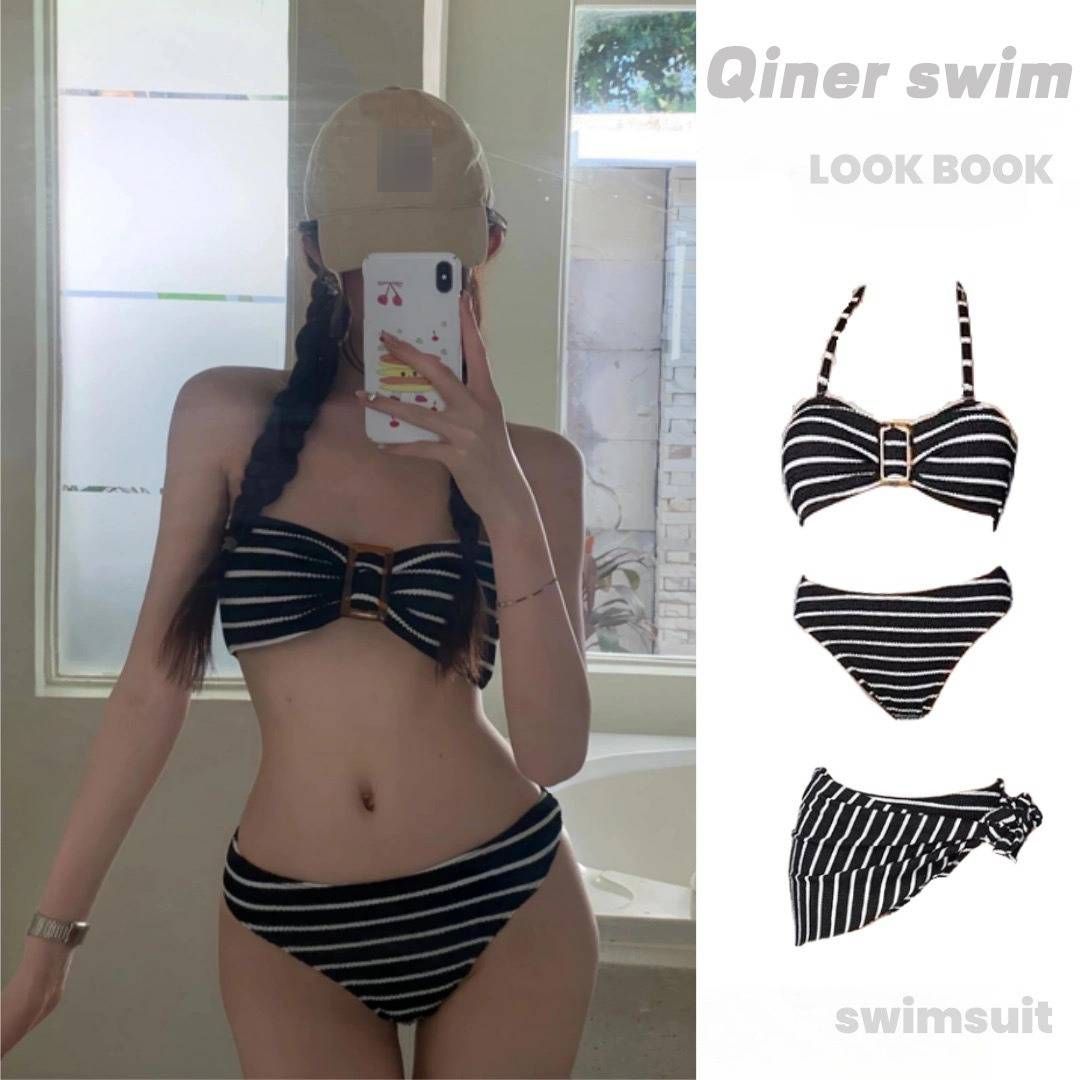 Retro Stripe Bikini Set 3-Piece With Wrap Skirt, Sexy High-Waisted Swimsuit For Women, Vintage Inspired Beach & Pool Vacations_ecoleips.com