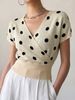 Women Soft Skin-Friendly Breathable Polka Dot Knit Top Wrap V Neck Short Sleeve Loose Waist Cinch Cropped Knit Blouse_ecoleips.com