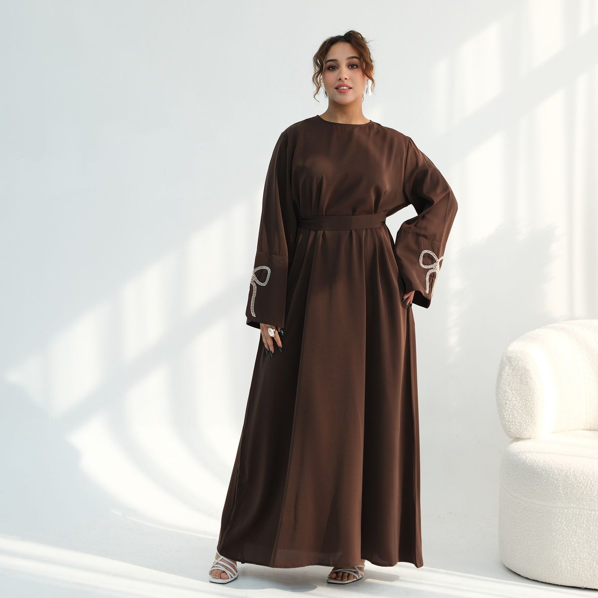 Modest Abaya Dress Elegant Butterfly Sleeve Rhinestone Dress For Women - V-Neck Flowy Midi Dress With Bow Cuffs For Casual & Office Wear_ecoleips.com