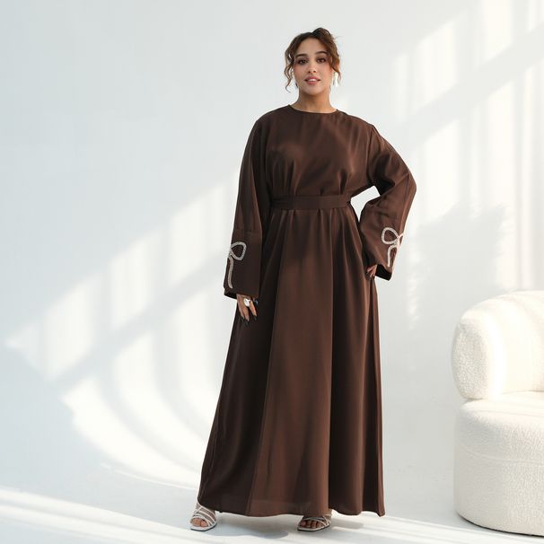 Modest Abaya Dress Elegant Butterfly Sleeve Rhinestone Dress For Women - V-Neck Flowy Midi Dress With Bow Cuffs For Casual & Office Wear_ecoleips.com