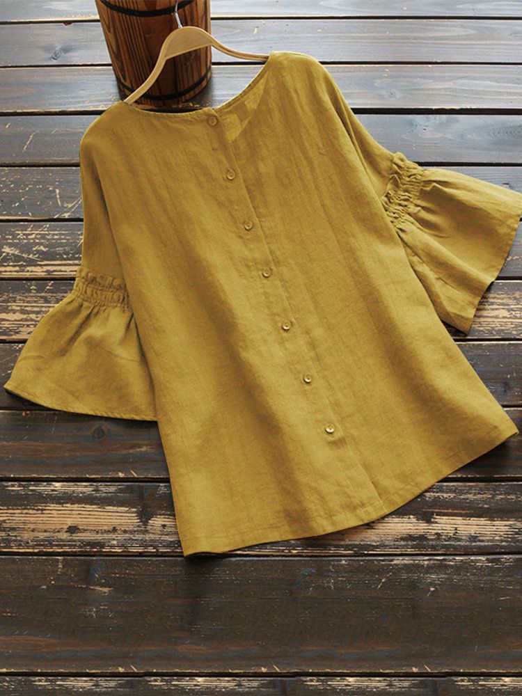 Women's Clothing 2025 New Summer Solid Color Round Neck Top Ruffle Sleeve Blouse_ecoleips.com