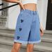 Distressed Love-Print Denim Shorts – Vintage Washed Roll-Up Cutoffs For Women (Light Blue, S-Xxl)_ecoleips.com