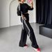 Women's Clothing Contrast Color Ribbon Stripe Splicing Casual Sweater Pants Set _ecoleips.com