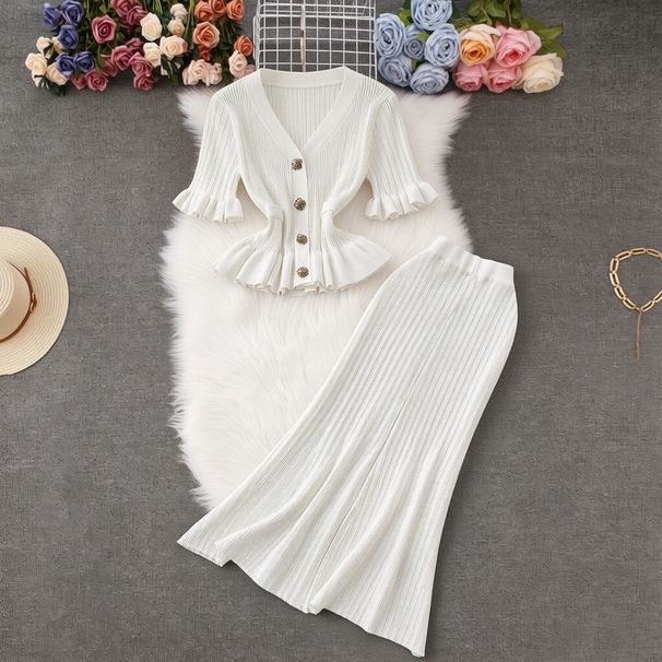 French Style Two Piece Women's Set Elegantly Fitted V Neck Knit Top With Ruffled Hem And Bodycon Skirt For Spring/Autumn/Summer_ecoleips.com