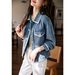Women’s Lightweight Denim Jacket With Ribbon Trim – Loose Fit, Youthful Style (S-3XL, Bluish/Light Blue)_ecoleips.com