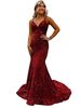Sequined Ball Gown Slim Hip Wrapped Fishtail Small Trailing Evening Gown Spaghetti Straps V Neck Party Dress_ecoleips.com