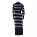 Elegant Modest Dress For Muslim Women - Long Sleeve High Waist Maxi Dress With Striped Knit Fabric, Crew Neck & Drawstring Detail (Navy Blue, S/M/L)"_ecoleips.com