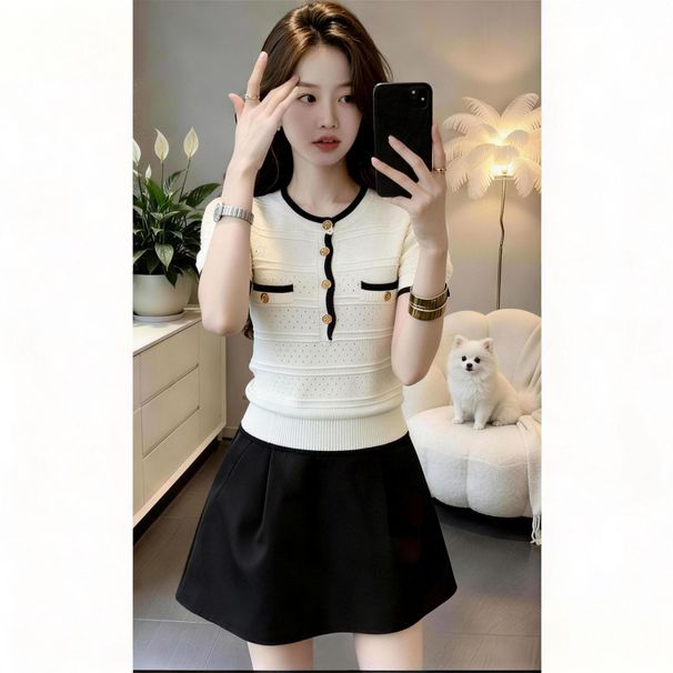 Two-tone Round-neck Short-sleeve Knit For Women, 2026 New Fashion French Style Casual With Gold Buttons, Elegant Women's_ecoleips.com
