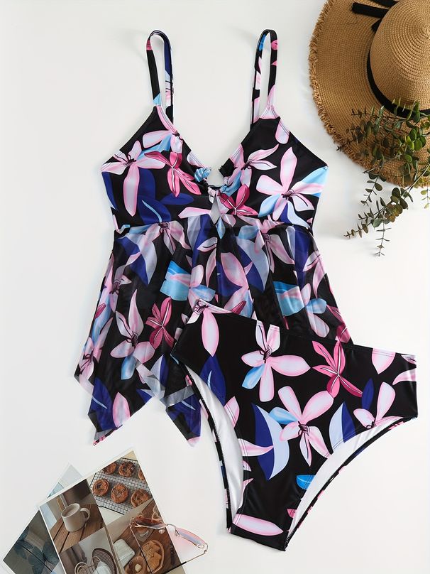 Plus Size Sheer Mesh Bikini Set – Floral Print Tankini Swimwear For Women, Adjustable Straps & Supportive Padding (Orange/Blue, 0XL-4XL)_ecoleips.com