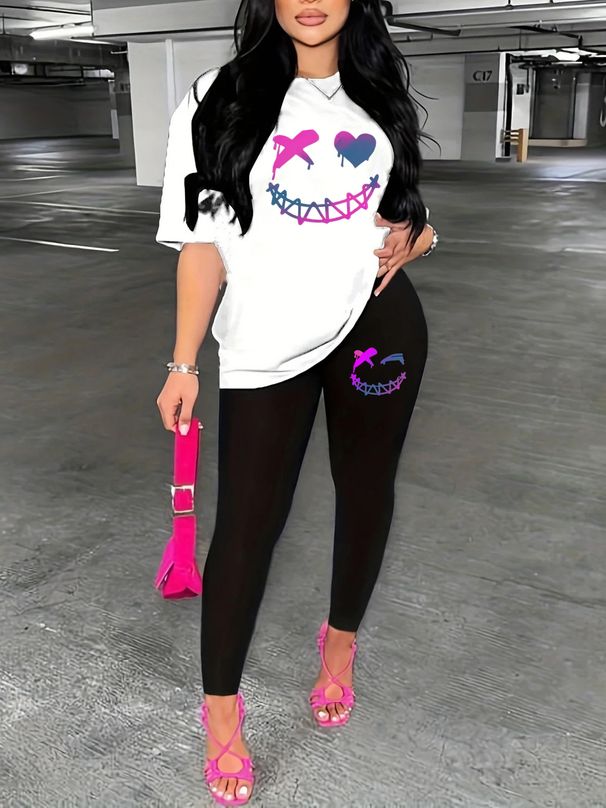 Women's Casual Loose And Fashionable Smiling Face Pattern Printed Loose T-shirt+cropped Pants Two-piece Set Summer Home Sportswear Daily Wear-477_ecoleips.com