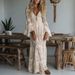 Women's Lace V-Neck Long Sleeve Maxi Dress – Floral Embroidery & Ruffle Hem (S-Xxl, Breathable Polyester Blend For Spring/Summer)_ecoleips.com