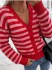 Soft And Skin-friendly Striped Color-blocked Knit Cardigan, Women's V-neck Loose-fitting Slimming Long-sleeved Coat, Versatile Outerwear For Spring And Autumn._ecoleips.com