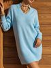 Lightweight Airy Stand Collar Split V Neck Loose Long Sleeve Knit Dress_ecoleips.com