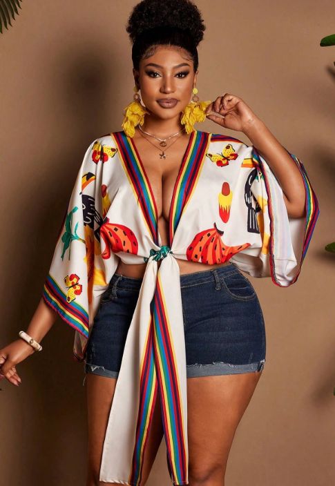 Curvy Women Irregular Placement Floral Print Tie Adjust Shirt, Elegant Sexy Blouse For Beach Vacation Valentine Music Festival Spring Summer Outing_ecoleips.com
