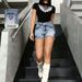 Retro High-Waisted Distressed Denim Shorts for Women Heavy Embroidery Slimming Fit Versatile Bodycon Hot Pants Frayed Edges_ecoleips.com