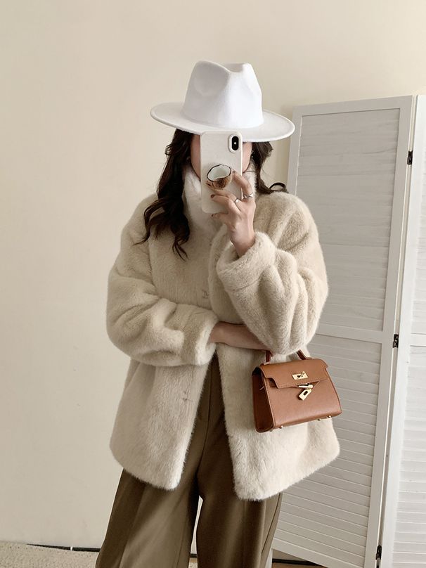 Luxury Faux Mink Coat – Windproof Stand Collar Winter Jacket, Snow-Like Plush Fur, Warm & Elegant For Women (Gray, White, Brown, Black, Beige)_ecoleips.com