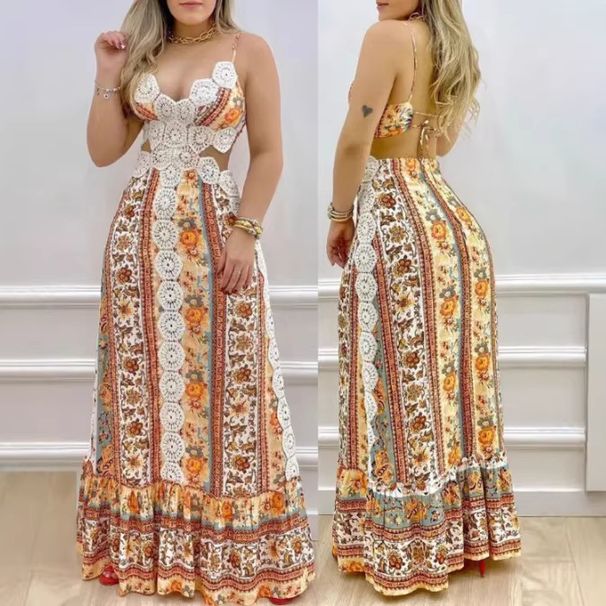 2023 European American Foreign Trade Women's Clothing, Printed Sexy Backless With Ties, Elastic, Elegant And Cool, Long_ecoleips.com