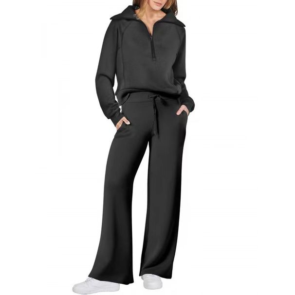 2025 Autumn Winter Fashion Casual Sports Zipper Long Sleeve Sweatshirt Wide Leg Pants Two-Piece Set For Women_ecoleips.com