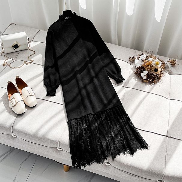 Women's plus Size Knitted Sweater Dress Solid Color Long Sleeve Lace Trimmed Knee-Length Loose Fitting Sweater for Autumn Winter 300+ Lbs_ecoleips.com