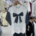 Women's Style Hollowed Out Lace Patchwork Denim Bow Short Sleeve T-Shirt Loose Fashionable Top For Summer_ecoleips.com