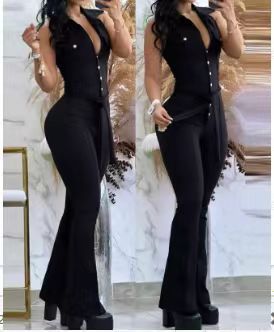 Women's Clothing Elegant V Neck Button Pockets, High Waisted Lace Up Solid Color Slim Fit Jumpsuit_ecoleips.com