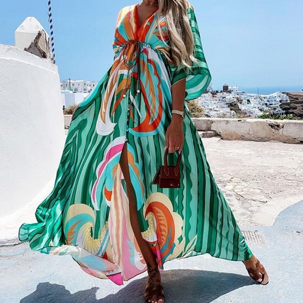 Spring/Summer Printed Dress For Women Loose Fit Tie Waist Full Skirt_ecoleips.com